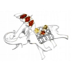 SŁOŃ srebrna broszka z bursztynem