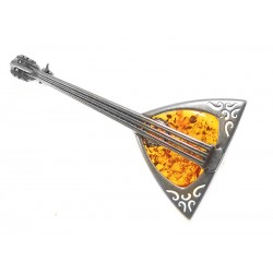 Bałałajka srebrna broszka z bursztynem