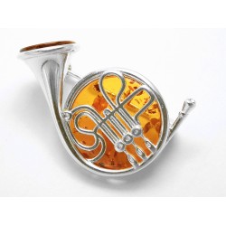 Trąbka srebrna broszka z bursztynem